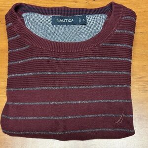 Nautica Men's Burgundy and Gray Striped Crewneck Sweater